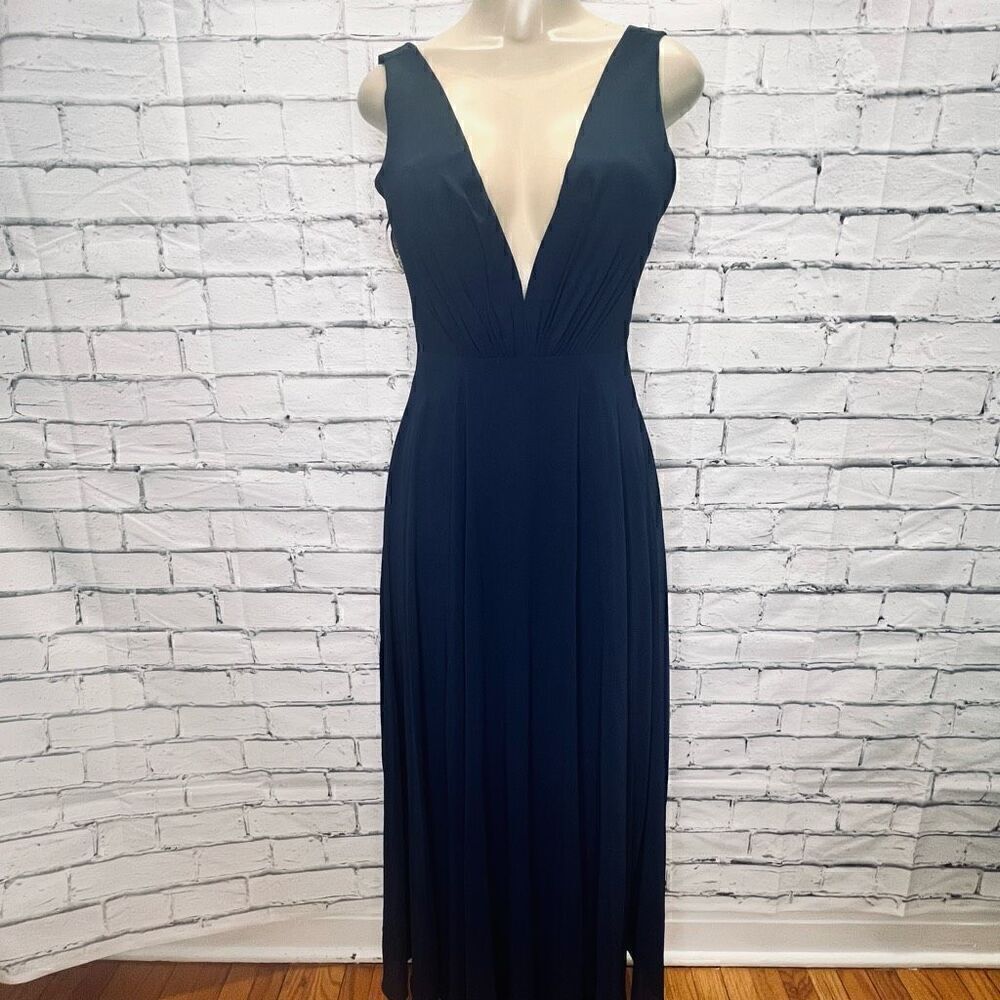 Jenny Yoo Womens Blue Sleeveless Plunging V Neck Long Chiffon Gown Size 2